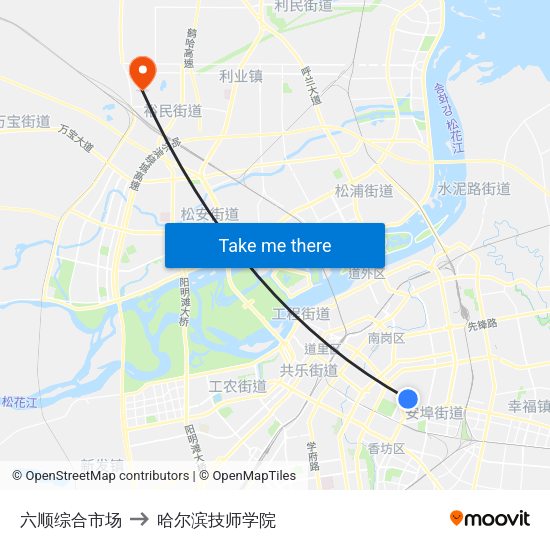 六顺综合市场 to 哈尔滨技师学院 map