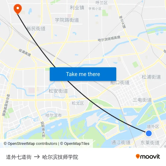 道外七道街 to 哈尔滨技师学院 map