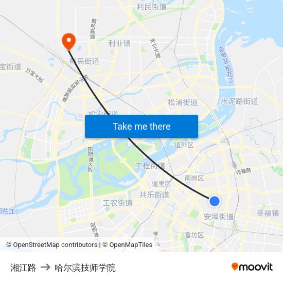 湘江路 to 哈尔滨技师学院 map