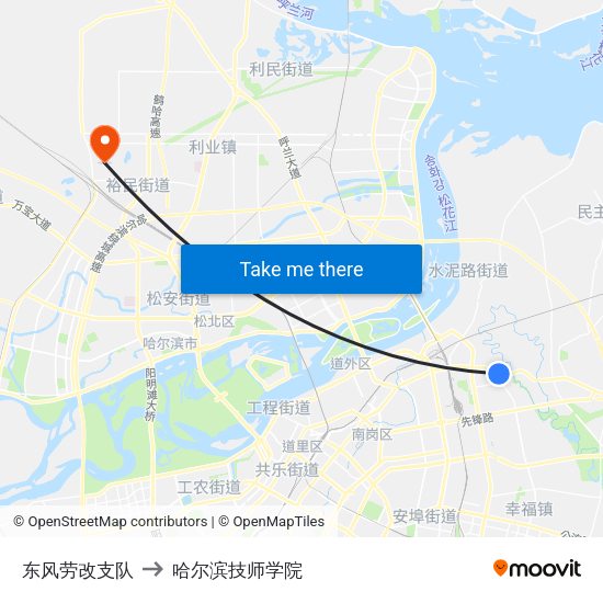 东风劳改支队 to 哈尔滨技师学院 map