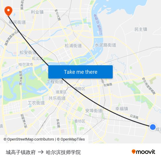 城高子镇政府 to 哈尔滨技师学院 map