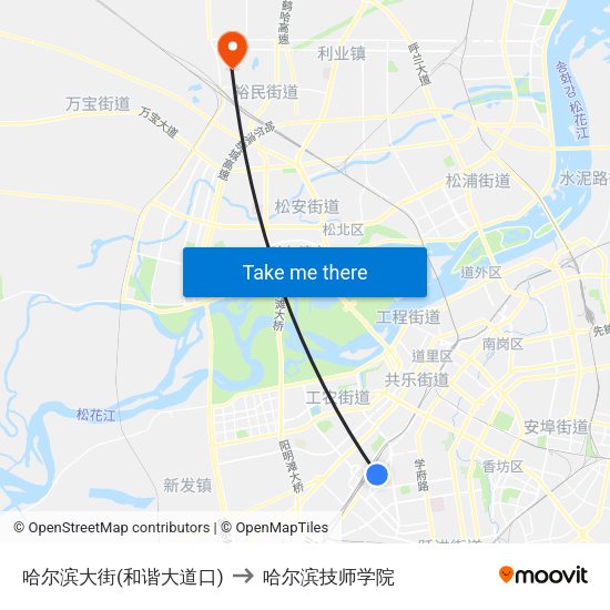 哈尔滨大街(和谐大道口) to 哈尔滨技师学院 map