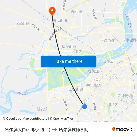 哈尔滨大街(和谐大道口) to 哈尔滨技师学院 map