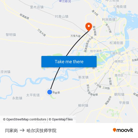 闫家岗 to 哈尔滨技师学院 map