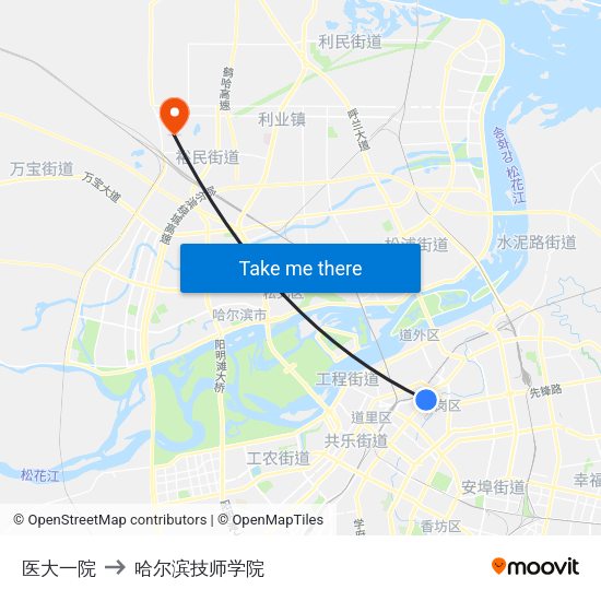 医大一院 to 哈尔滨技师学院 map