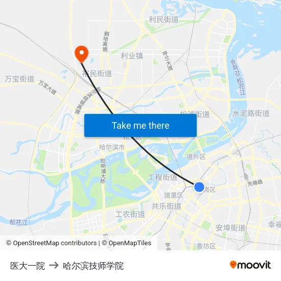 医大一院 to 哈尔滨技师学院 map