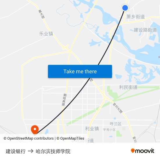 建设银行 to 哈尔滨技师学院 map