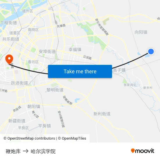 鞭炮库 to 哈尔滨学院 map