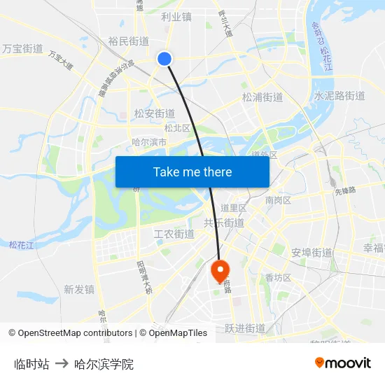 临时站 to 哈尔滨学院 map