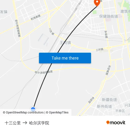 十三公里 to 哈尔滨学院 map