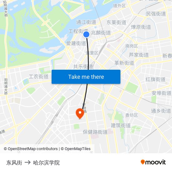 东风街 to 哈尔滨学院 map