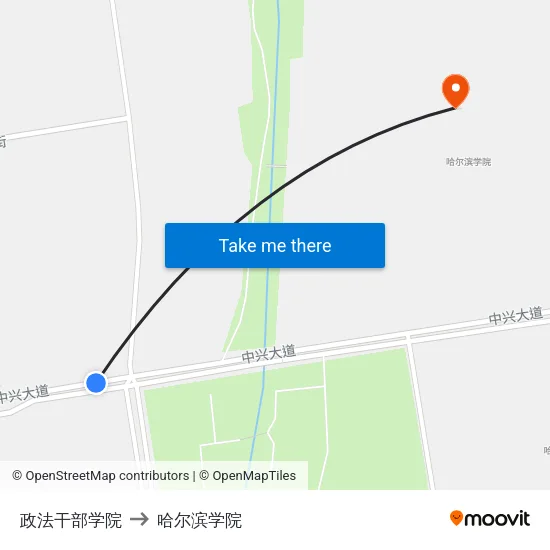 政法干部学院 to 哈尔滨学院 map