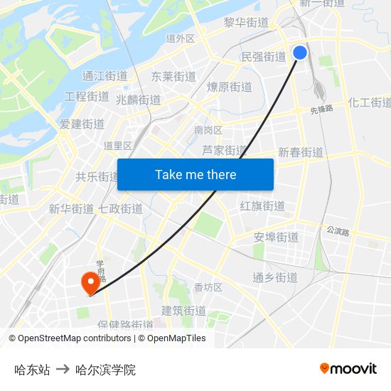 哈东站 to 哈尔滨学院 map