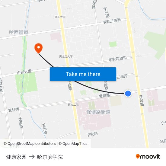 健康家园 to 哈尔滨学院 map