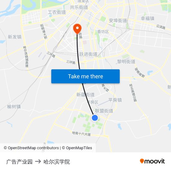 广告产业园 to 哈尔滨学院 map