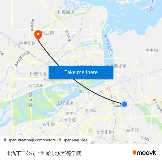 市汽车三公司 to 哈尔滨华德学院 map