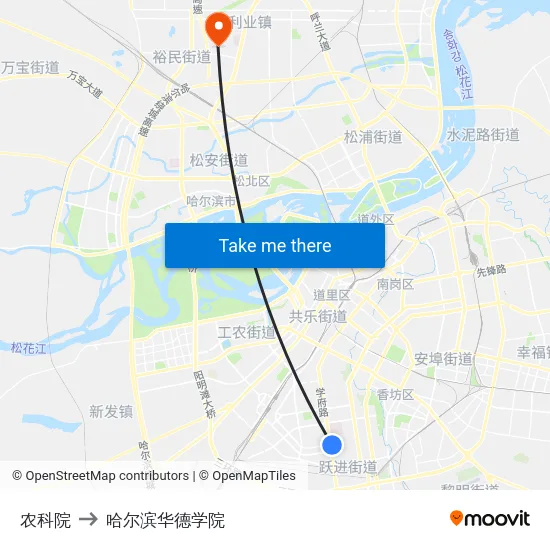 农科院 to 哈尔滨华德学院 map