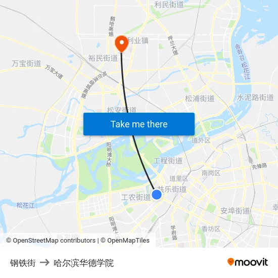 钢铁街 to 哈尔滨华德学院 map