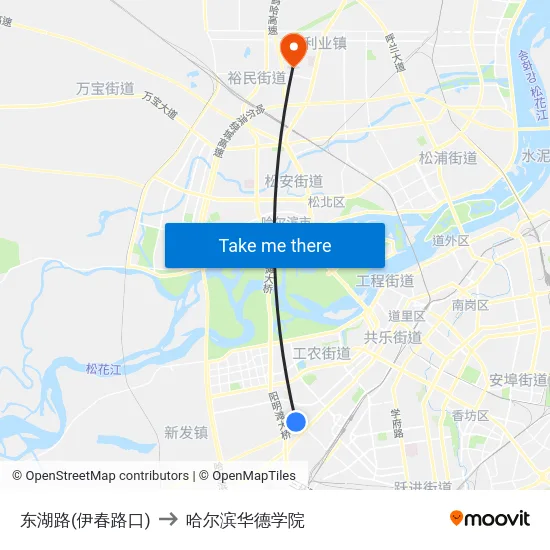 东湖路(伊春路口) to 哈尔滨华德学院 map