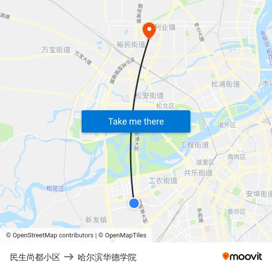民生尚都小区 to 哈尔滨华德学院 map