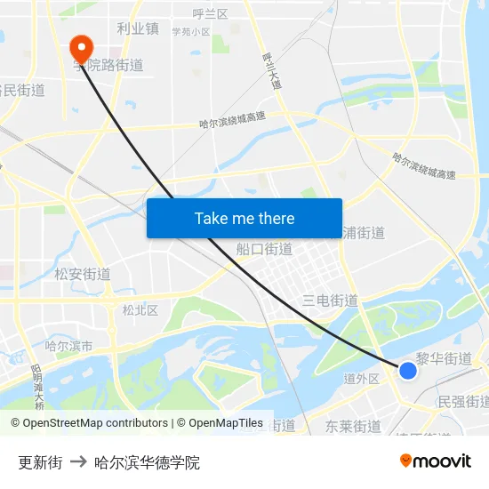 更新街 to 哈尔滨华德学院 map