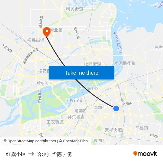 红旗小区 to 哈尔滨华德学院 map