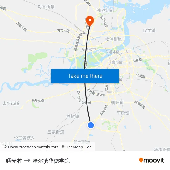 曙光村 to 哈尔滨华德学院 map