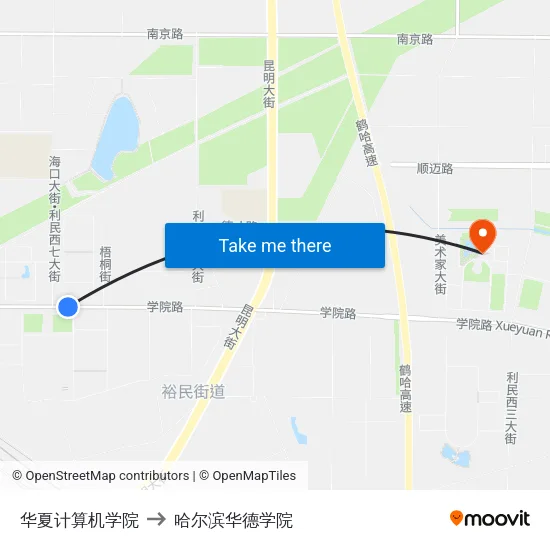 华夏计算机学院 to 哈尔滨华德学院 map