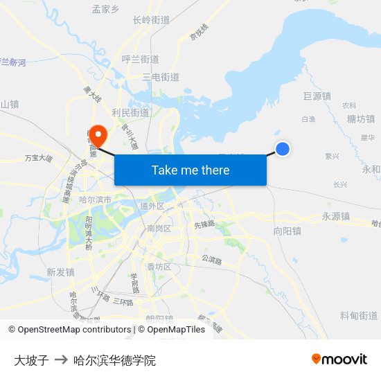 大坡子 to 哈尔滨华德学院 map