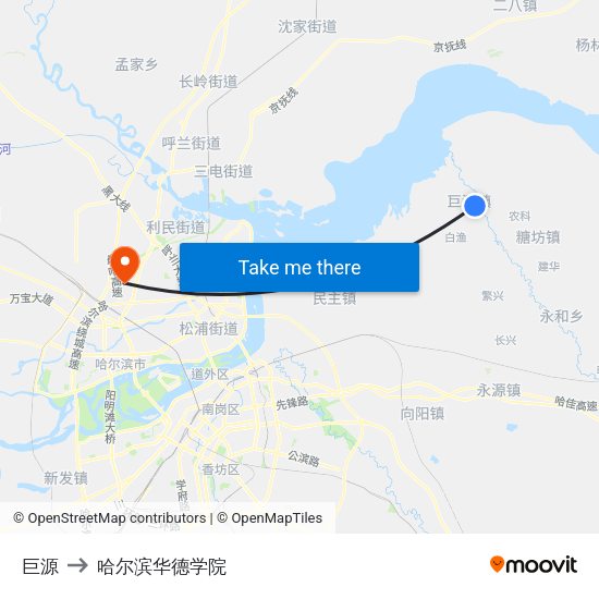 巨源 to 哈尔滨华德学院 map
