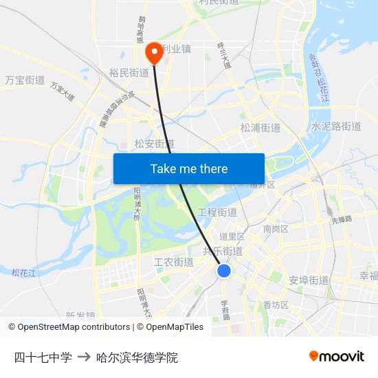 四十七中学 to 哈尔滨华德学院 map