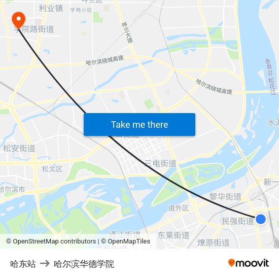 哈东站 to 哈尔滨华德学院 map
