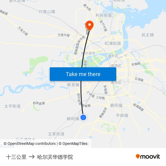 十三公里 to 哈尔滨华德学院 map