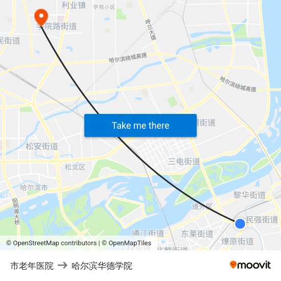 市老年医院 to 哈尔滨华德学院 map