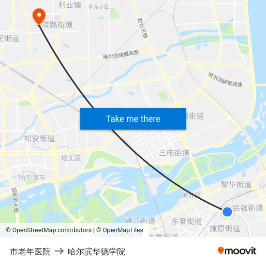 市老年医院 to 哈尔滨华德学院 map