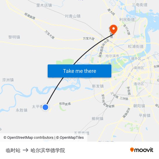 临时站 to 哈尔滨华德学院 map