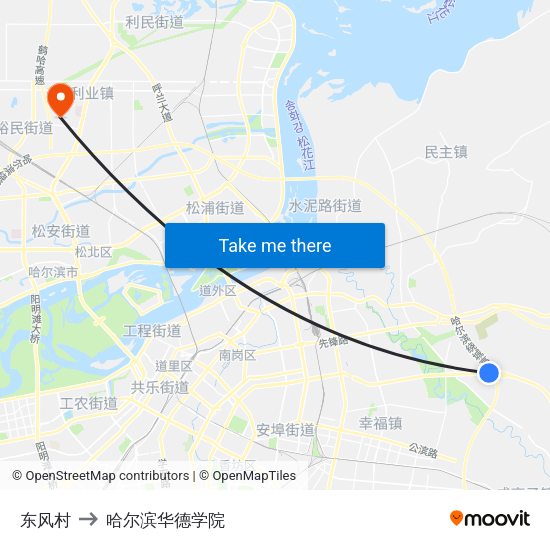 东风村 to 哈尔滨华德学院 map