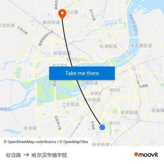征仪路 to 哈尔滨华德学院 map