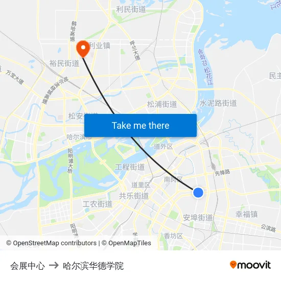 会展中心 to 哈尔滨华德学院 map
