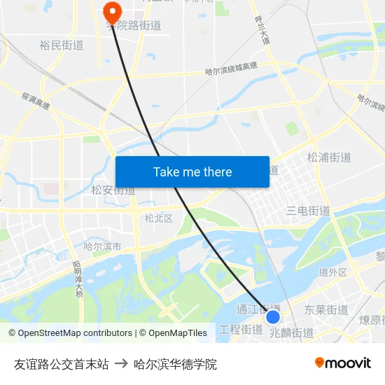 友谊路公交首末站 to 哈尔滨华德学院 map