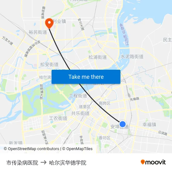 市传染病医院 to 哈尔滨华德学院 map