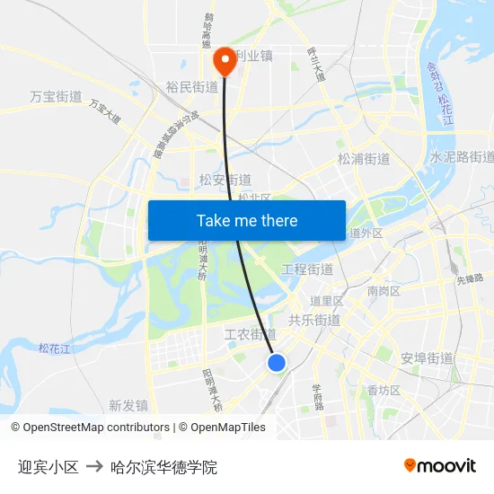 迎宾小区 to 哈尔滨华德学院 map