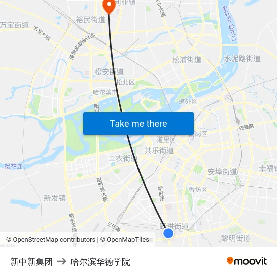 新中新集团 to 哈尔滨华德学院 map