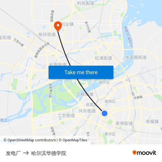 发电厂 to 哈尔滨华德学院 map