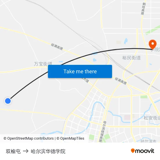双榆屯 to 哈尔滨华德学院 map