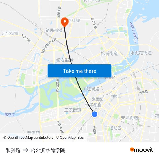 和兴路 to 哈尔滨华德学院 map