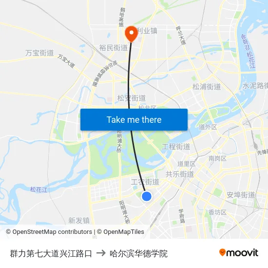 群力第七大道兴江路口 to 哈尔滨华德学院 map
