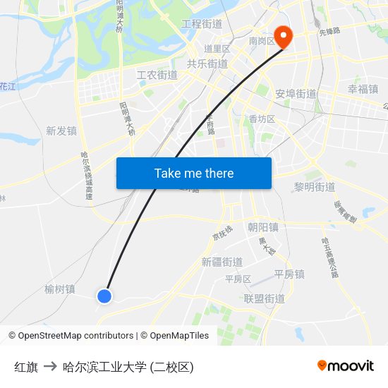 红旗 to 哈尔滨工业大学 (二校区) map