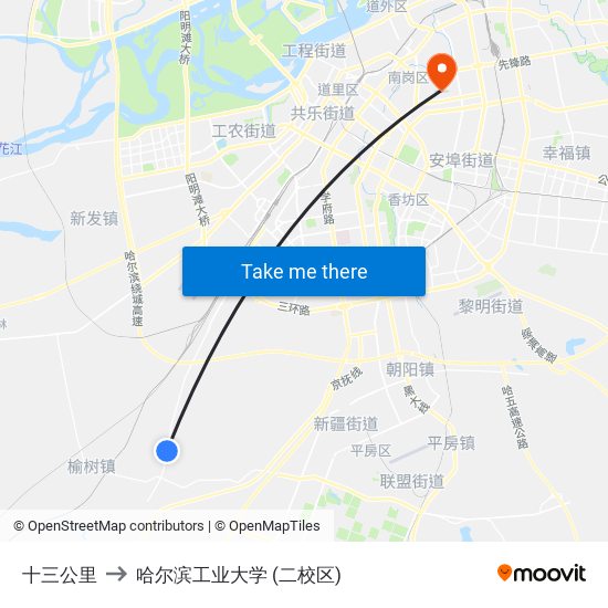 十三公里 to 哈尔滨工业大学 (二校区) map