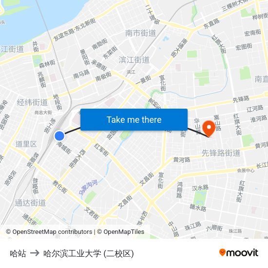 哈站 to 哈尔滨工业大学 (二校区) map